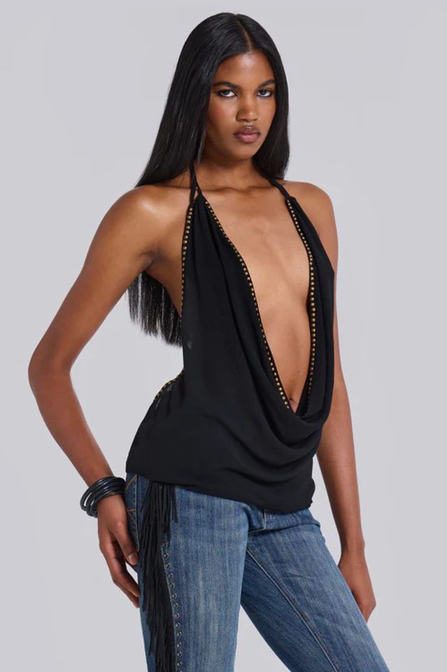 Women's Backless Halter Top Deep Plunge Studded Going Out Party Top Sleeveless Clubwear - Seldom Seen Styles