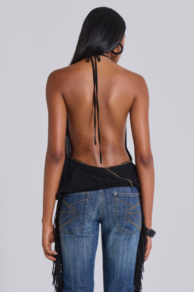 Women's Backless Halter Top Deep Plunge Studded Going Out Party Top Sleeveless Clubwear - Seldom Seen Styles