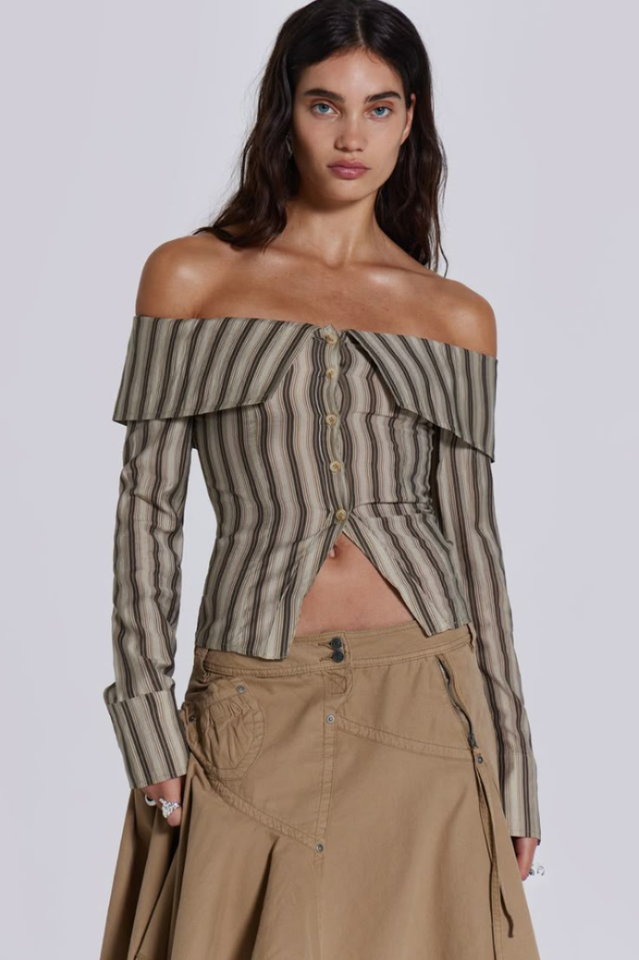 Women's Off Shoulder Striped Top Long Sleeve Y2K Asymmetrical Going Out Shirt Blouse - Seldom Seen Styles