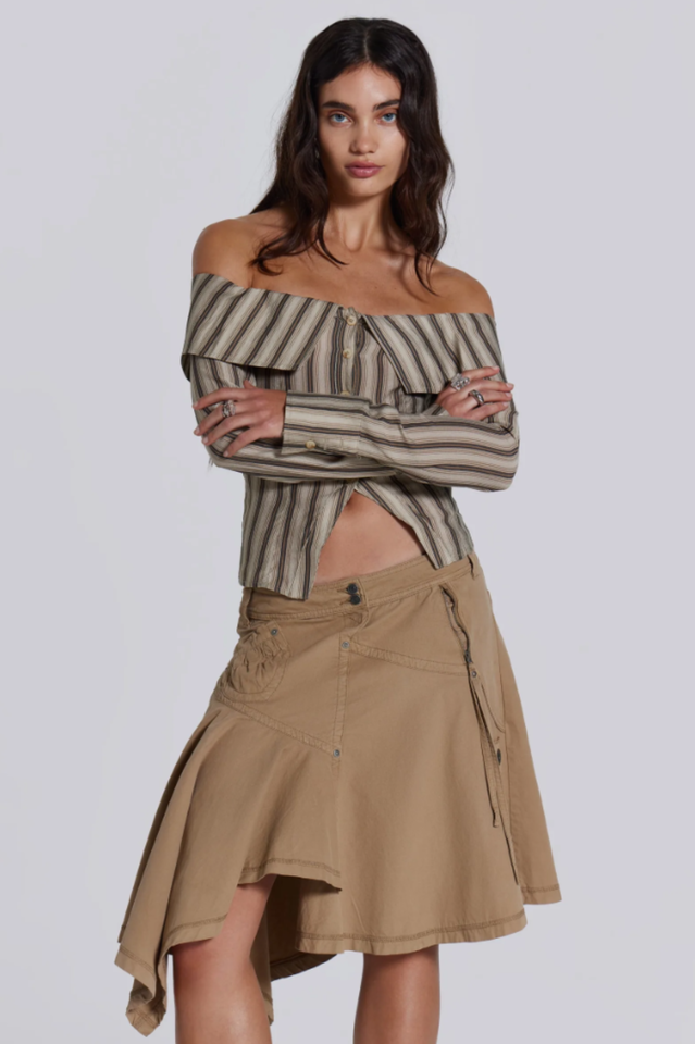 Women's Off Shoulder Striped Top Long Sleeve Y2K Asymmetrical Going Out Shirt Blouse - Seldom Seen Styles