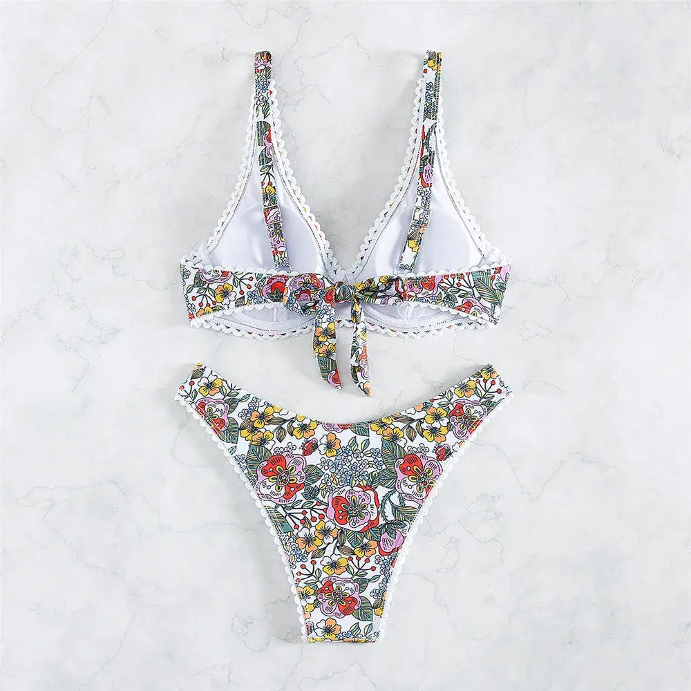 Women's Floral Printed Bathing Suit High Waisted Knot Swimsuit Bikini Set - Seldom Seen Styles