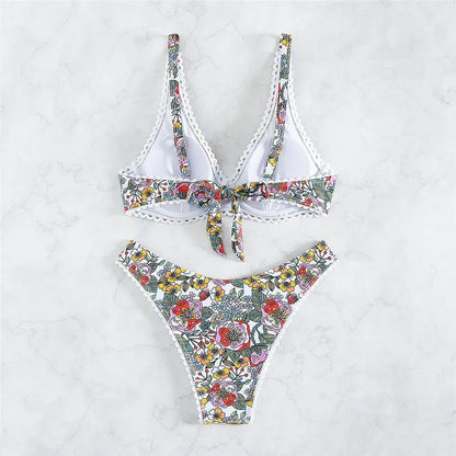 Damen Badeanzug mit Blumenmuster, hohe Taille, Knoten, Bikini-Set