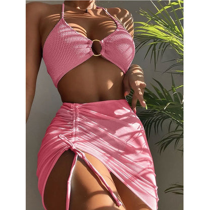 Qianmo Clothing Cross-border Two-piece Swimsuit for Women Slim Fit Solid Color Sexy Swimwear Halter Three-piece Bikini - Seldom Seen Styles