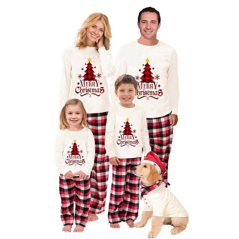REDWOON Family Matching Christmas Pajama Set Christmas Tree Letter Print Long Sleeve Tops And Plaid Pants Holiday Sleepwear Outfits - Seldom Seen Styles