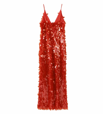 MAXIKLEID MIT ROTEN PAILLETTEN