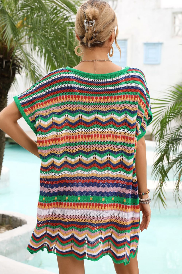 Rainbow Stripe Scalloped V-Neck Cover-Up Dress - Seldom Seen Styles