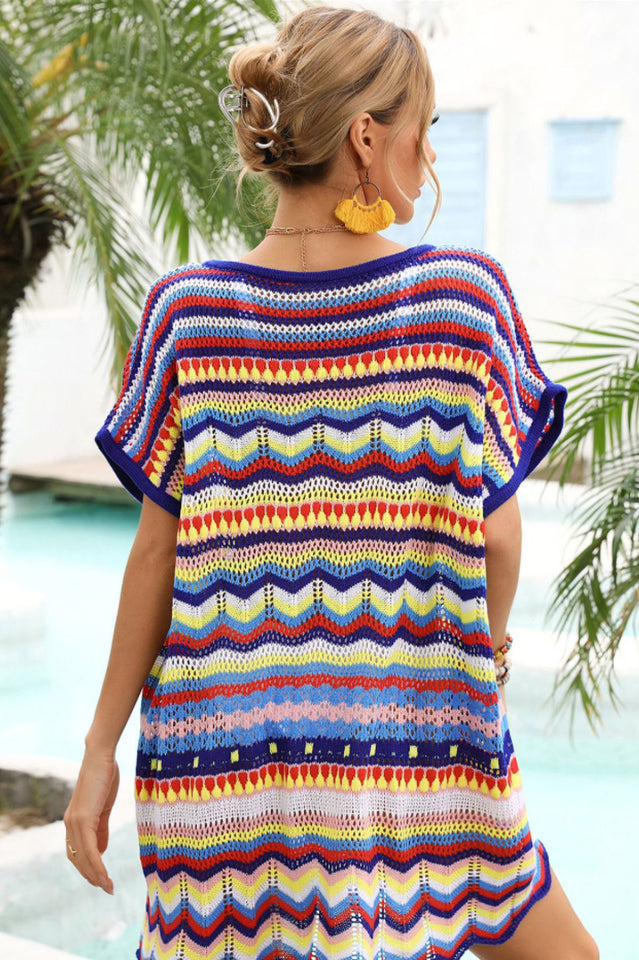 Rainbow Stripe Scalloped V-Neck Cover-Up Dress - Seldom Seen Styles