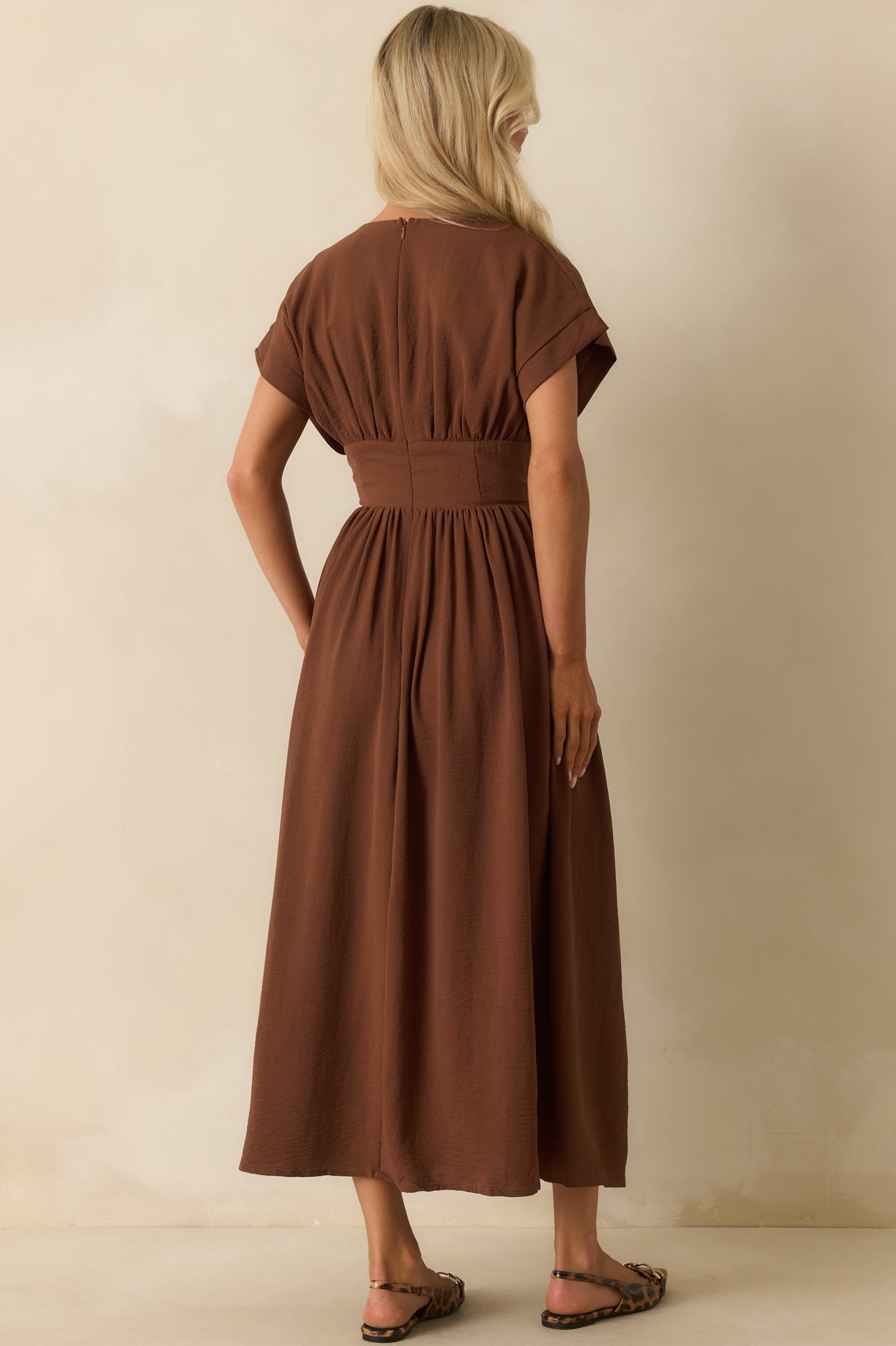 As Promised Brown Short Sleeve Cinched Waist Maxi Dress - Seldom Seen Styles