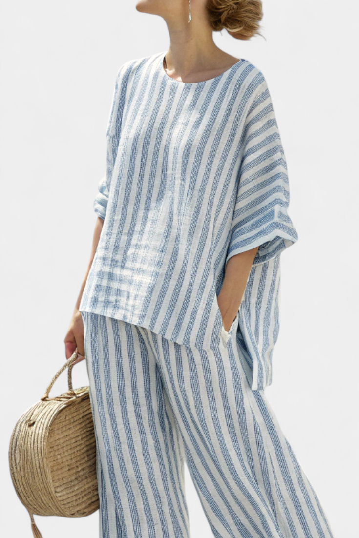 Rensleigh | Sophisticated Blue Striped Linen Top & Relaxed Pants - Seldom Seen Styles