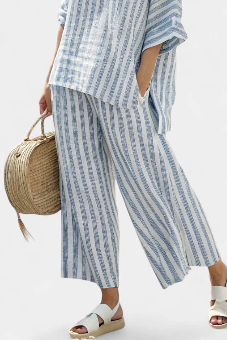 Rensleigh | Sophisticated Blue Striped Linen Top & Relaxed Pants - Seldom Seen Styles