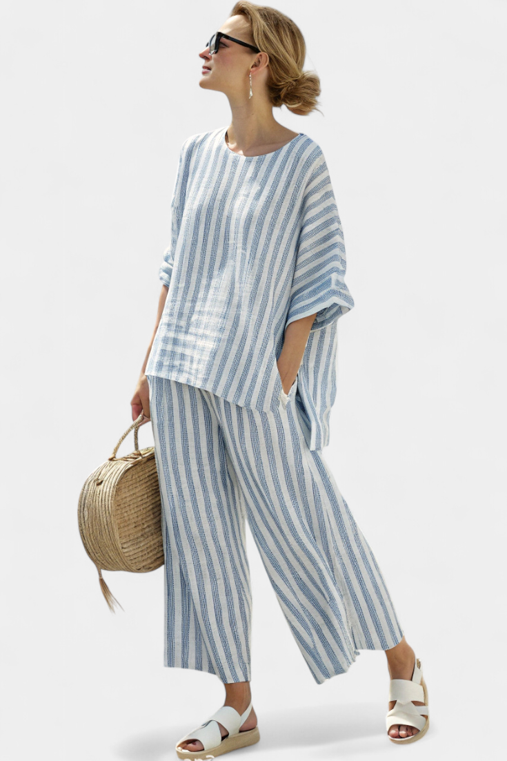Rensleigh | Sophisticated Blue Striped Linen Top & Relaxed Pants - Seldom Seen Styles