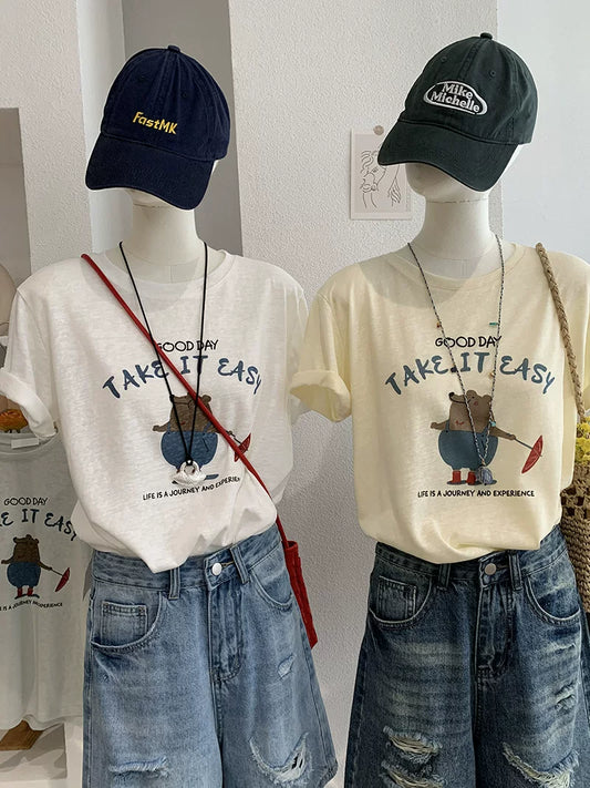 Retro Cartoon Bear Graphic T-Shirt – “Take It Easy” Loose Fit Casual Summer Tee - Seldom Seen Styles