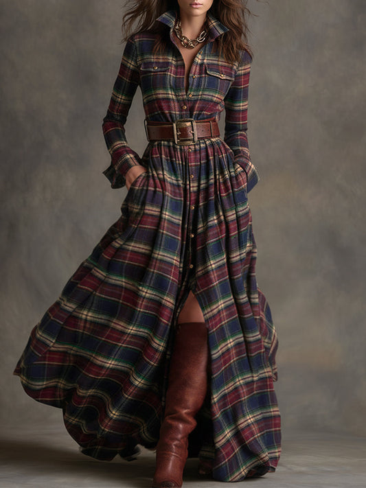 Retro Ethnic Style Lapel Reddish Brown Plaid Maxi Dress - Seldom Seen Styles