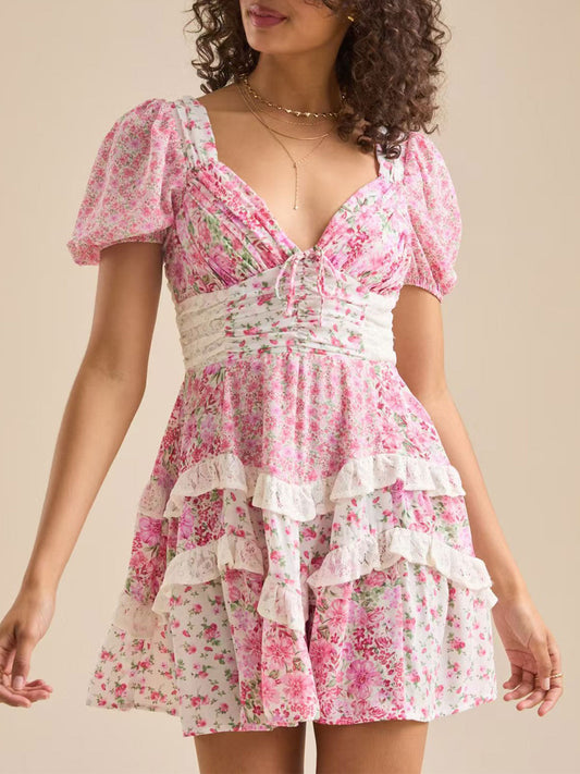 Retro Floral Puff Sleeve Pleated Resort Lace Tiered Ruffle Mini Dress - Seldom Seen Styles