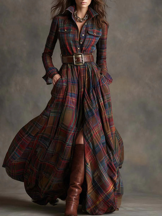 Retro Lapel Reddish Brown Plaid Maxi Dress - Seldom Seen Styles