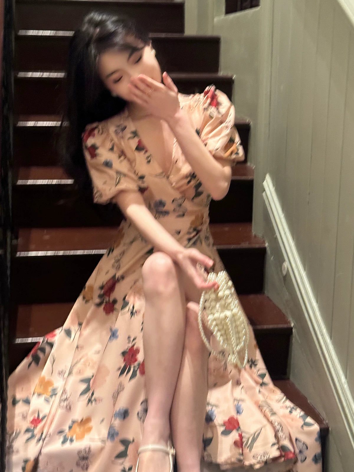 Romantic Floral V Neck Midi Dress – Puff Sleeve Vintage Summer Dress for Women - Seldom Seen Styles