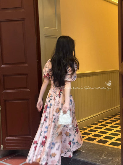 Robe midi romantique florale col en V – Robe d'été vintage à manches bouffantes pour femme