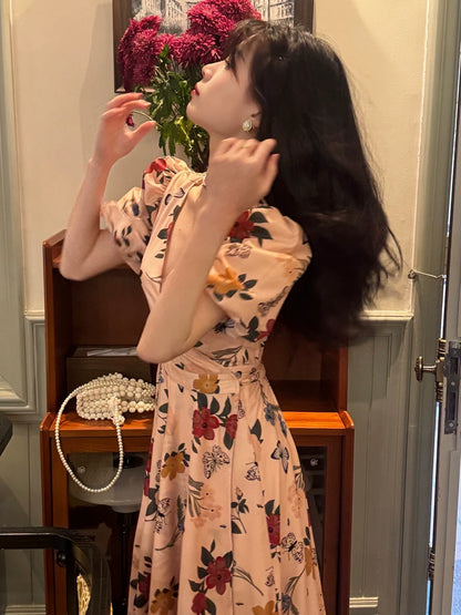 Robe midi romantique florale col en V – Robe d'été vintage à manches bouffantes pour femme