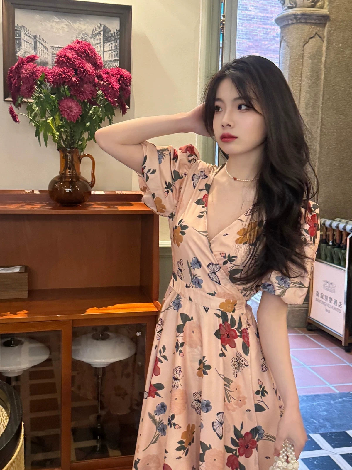 Romantic Floral V Neck Midi Dress – Puff Sleeve Vintage Summer Dress for Women - Seldom Seen Styles