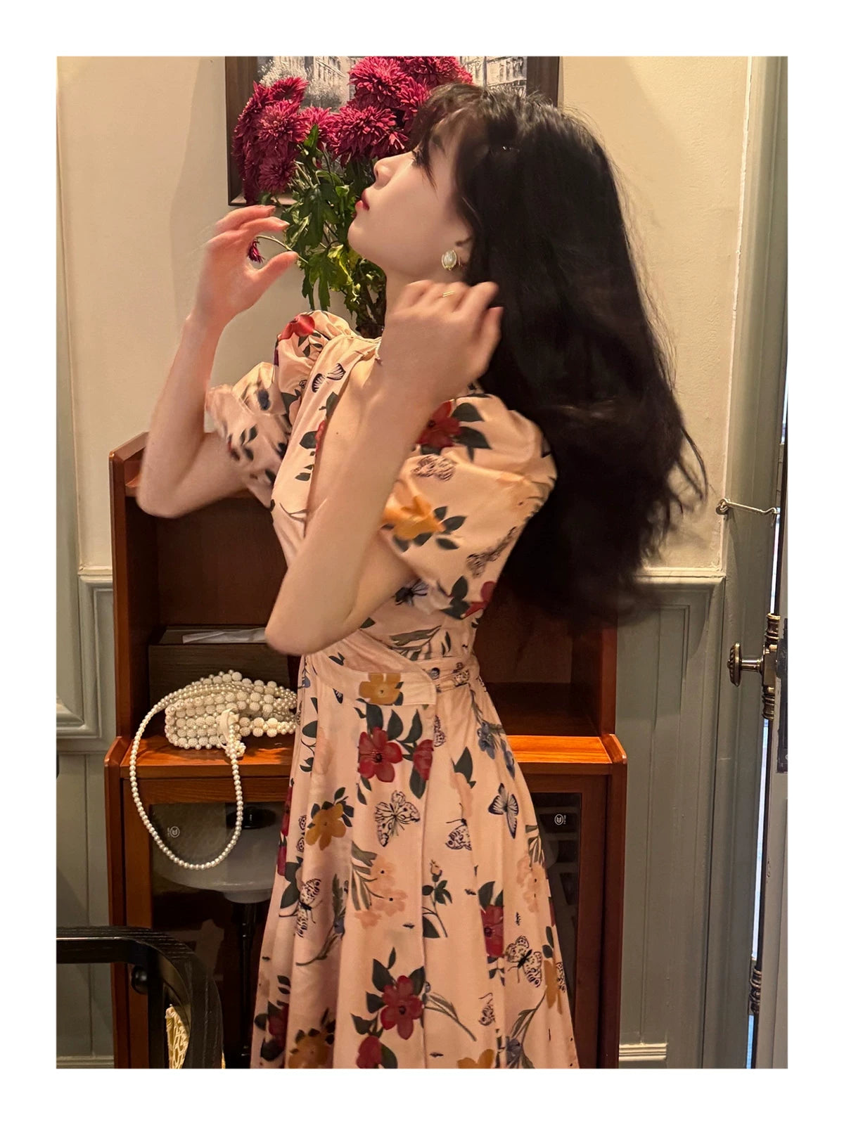 Romantic Floral V Neck Midi Dress – Puff Sleeve Vintage Summer Dress for Women - Seldom Seen Styles