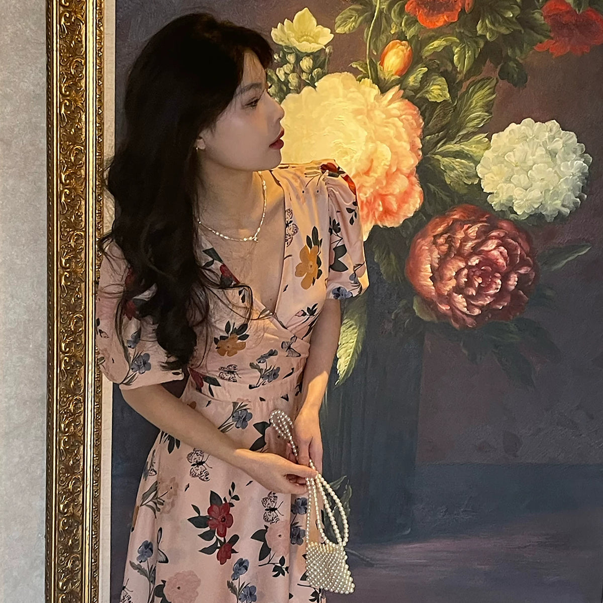 Romantic Floral V Neck Midi Dress – Puff Sleeve Vintage Summer Dress for Women - Seldom Seen Styles