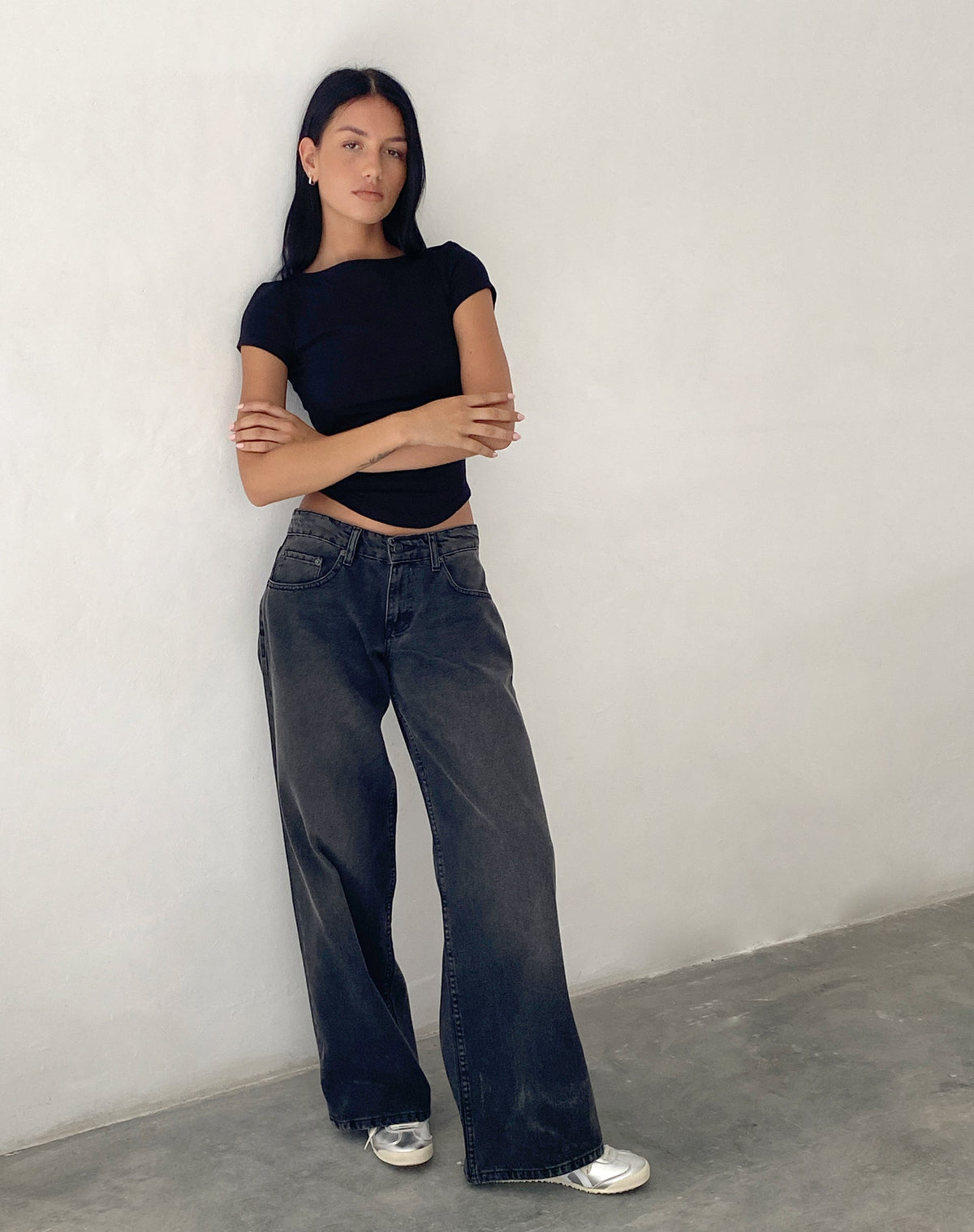 Roomy Extra Wide Low Rise Jeans in Washed Black Grey - Seldom Seen Styles