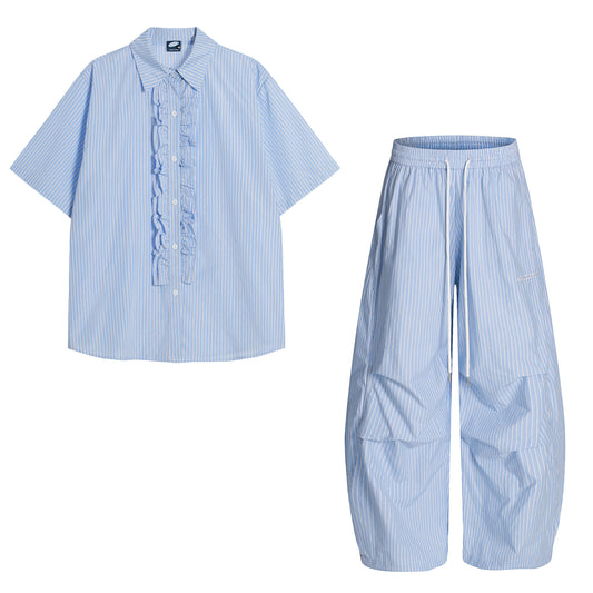 Ruffle Front Stripe Short Sleeve Shirt Oversized Button Down Feminine Casual Summer Top | Ruffle Stripe - Seldom Seen Styles