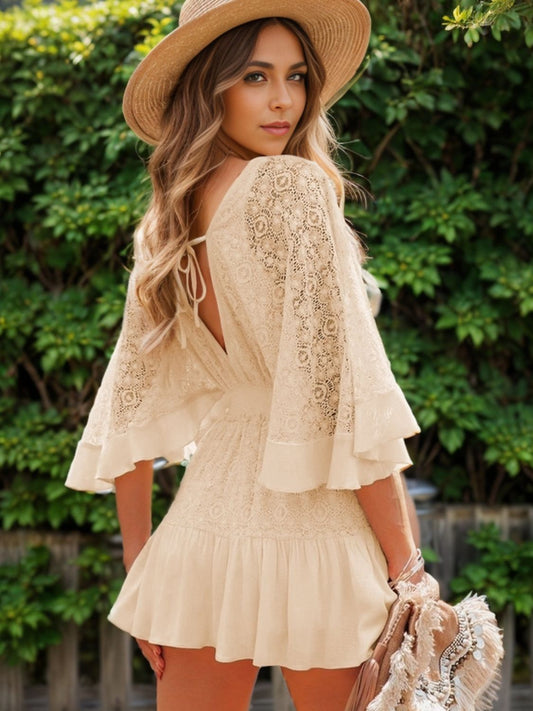 Ruffle Hem Tie Back Lace Mini Dress - Seldom Seen Styles