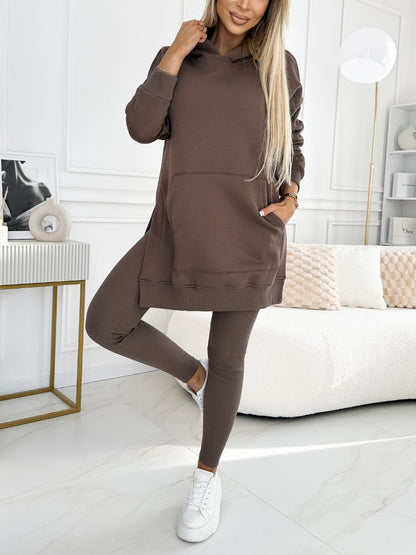 (S-5XL) Zweiteiliges Set: Kapuzenpullover und gefütterte Leggings in Unifarben, Übergröße, für Damen