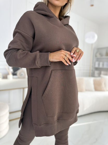 (S-5XL) Zweiteiliges Set: Kapuzenpullover und gefütterte Leggings in Unifarben, Übergröße, für Damen