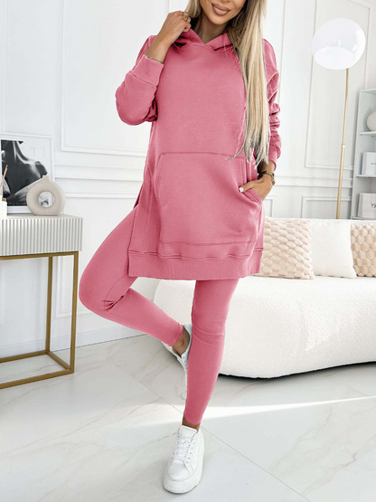 (S-5XL) Zweiteiliges Set: Kapuzenpullover und gefütterte Leggings in Unifarben, Übergröße, für Damen