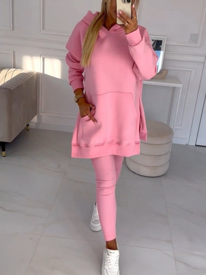 (S-5XL) Zweiteiliges Set: Kapuzenpullover und gefütterte Leggings in Unifarben, Übergröße, für Damen