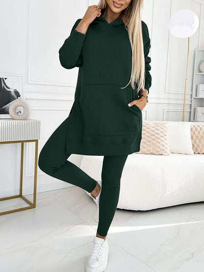 (S-5XL) Zweiteiliges Set: Kapuzenpullover und gefütterte Leggings in Unifarben, Übergröße, für Damen