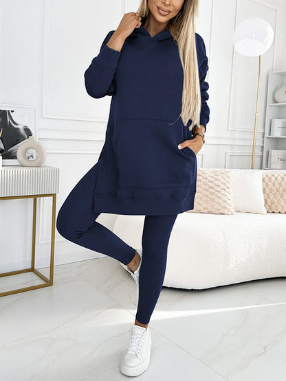 (S-5XL) Zweiteiliges Set: Kapuzenpullover und gefütterte Leggings in Unifarben, Übergröße, für Damen