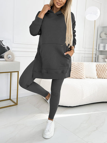 (S-5XL) Zweiteiliges Set: Kapuzenpullover und gefütterte Leggings in Unifarben, Übergröße, für Damen
