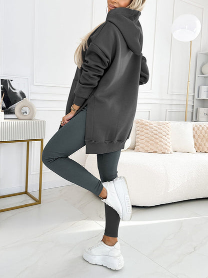 (S-5XL) Zweiteiliges Set: Kapuzenpullover und gefütterte Leggings in Unifarben, Übergröße, für Damen