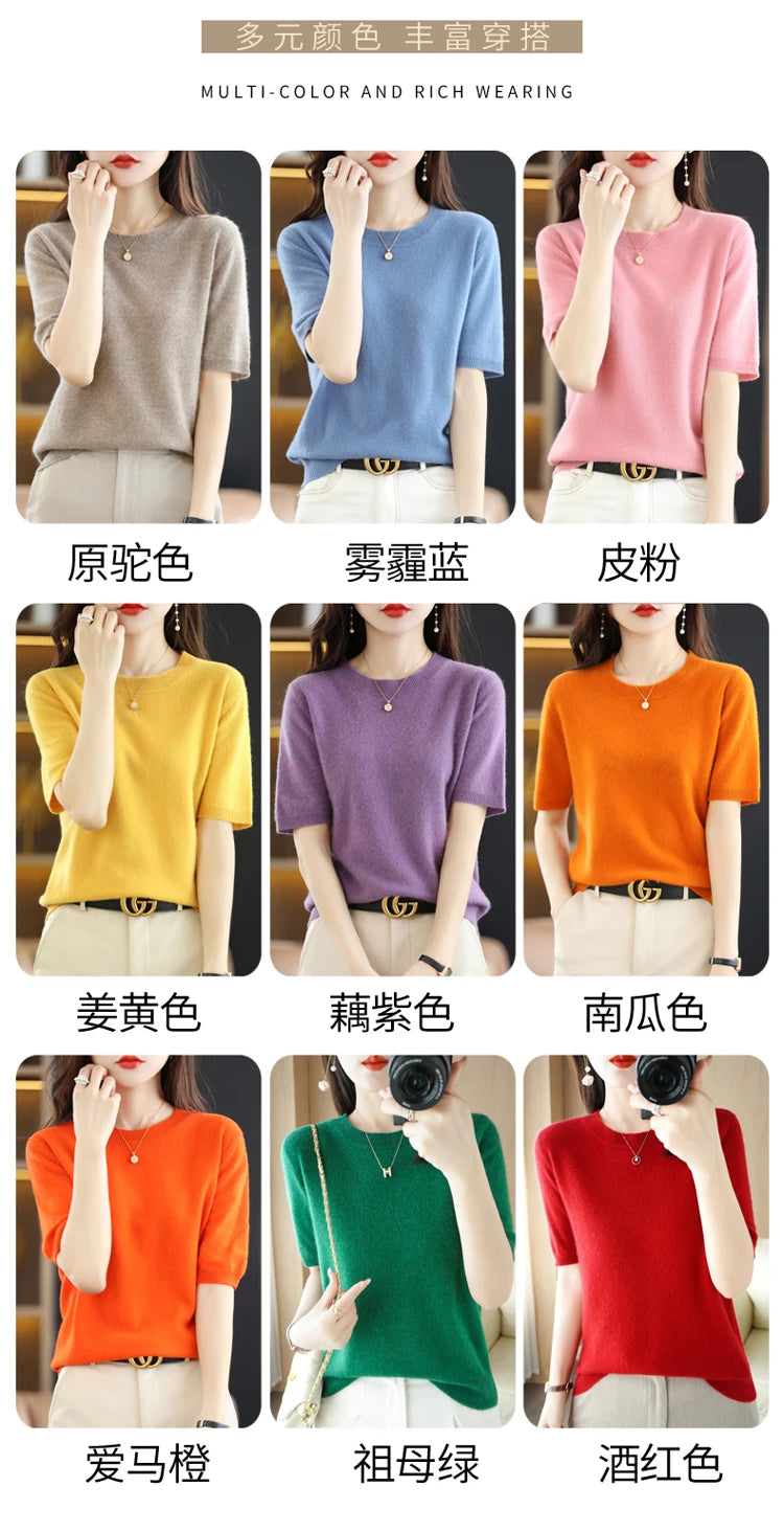 Frühling und Sommer Neue kurzärmelige Damen O-Ausschnitt Slim Woll-Baumwollmischung Pullover Weste T-Shirt Strickpullover