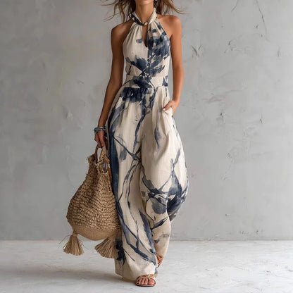 Women's Halter Neck Flowy Jumpsuit Loose High Waist Sleeveless Summer Beach Vacation Romper