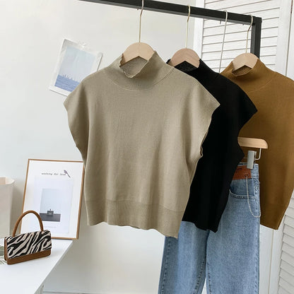 Fashion Vest Shirt Solid Stand-up Collar Knitted Sweater Short Sleeve Office Lady Loose Elegant  All-Match Straight Tops 20397