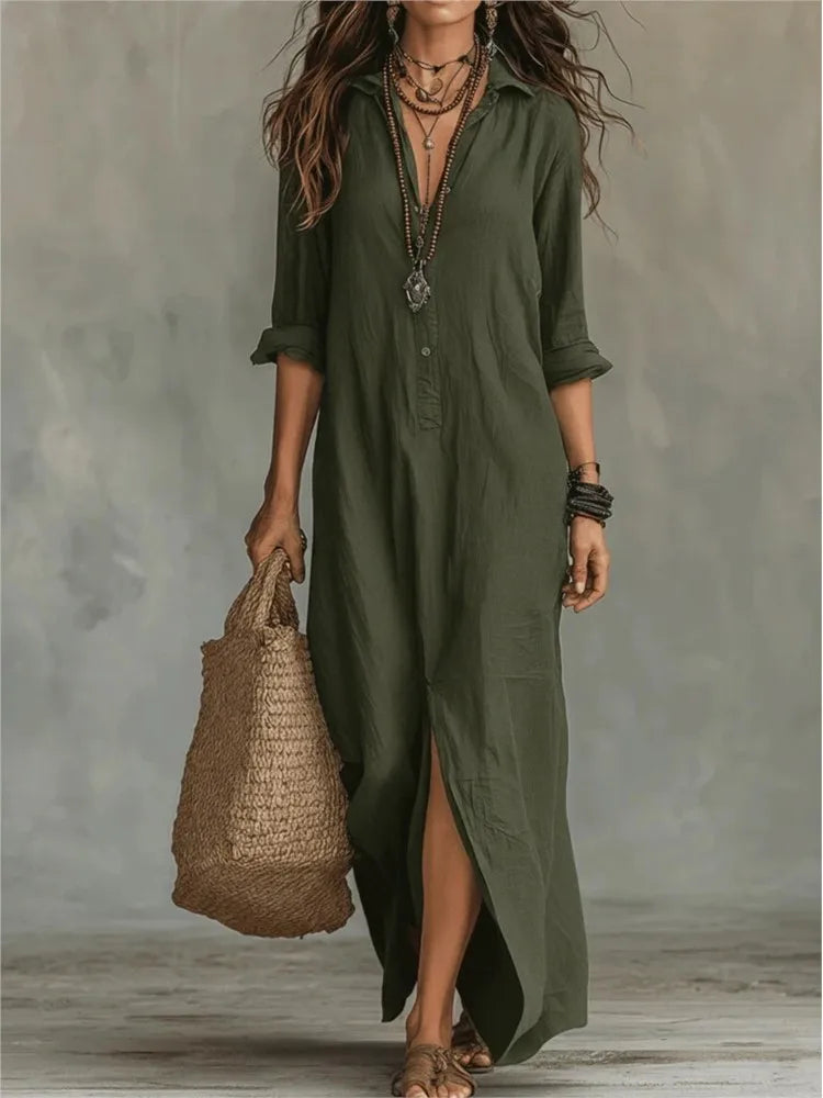 Agnes Loose Cotton Linen 3/4 Sleeve Maxi Shirt Dress - Seldom Seen Styles