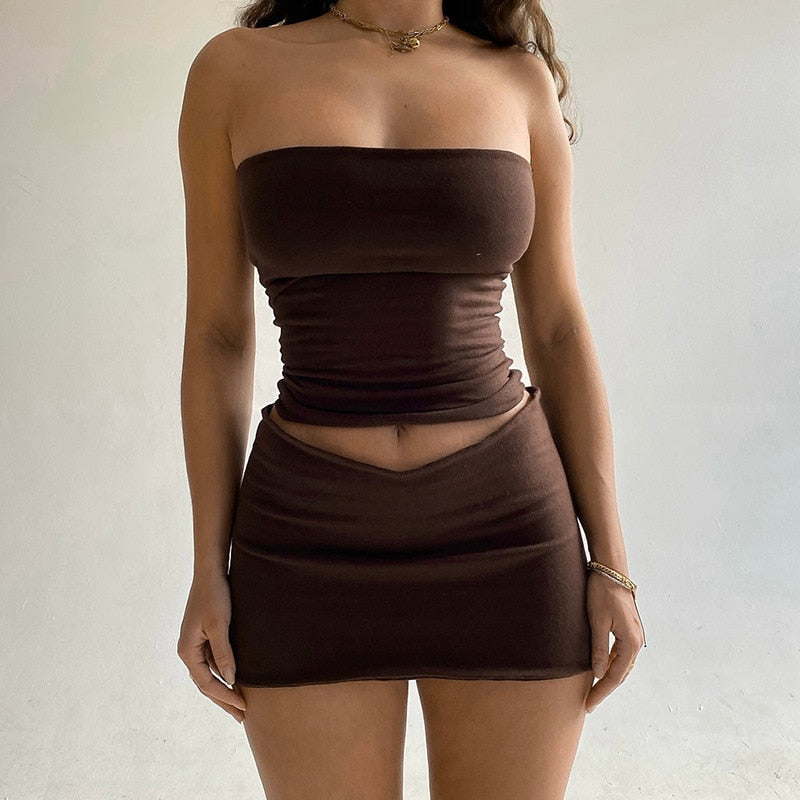 FashionSierra - Elegant Strapless Solid Crop Top and Skirt 2 Piece Set - Seldom Seen Styles