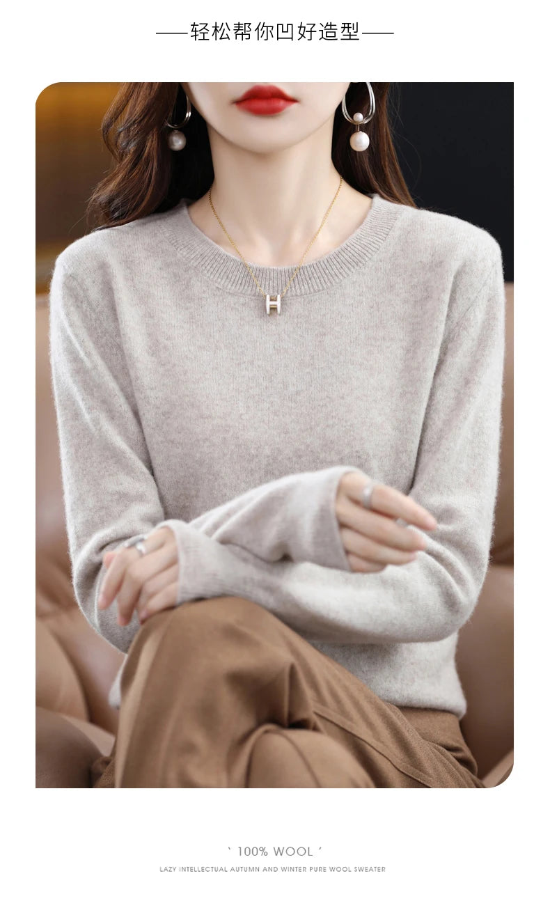 Women's 100% Pure Wool Cashmere Sweater O-Neck Pullover Knitted Casual Sweater Winter New  Long-Sleeved Warm High-Grade Jumper