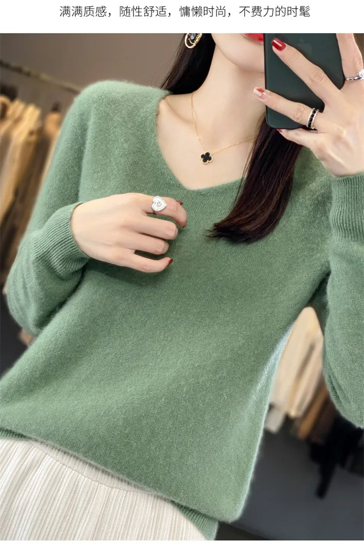 Merino Wool Women's Autumn And Winter Solid Color V-Neck Long-Sleeved Loose Knitted Sweater