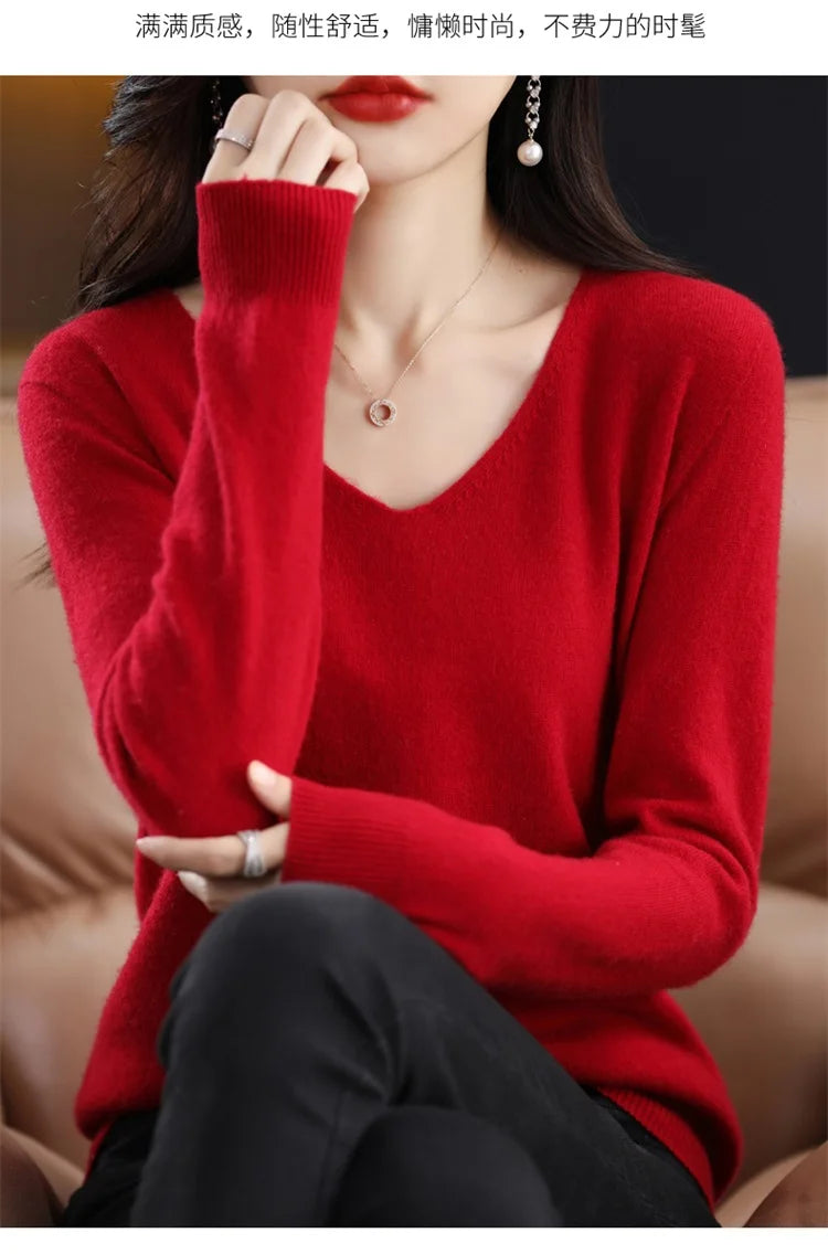 Merino Wool Women's Autumn And Winter Solid Color V-Neck Long-Sleeved Loose Knitted Sweater