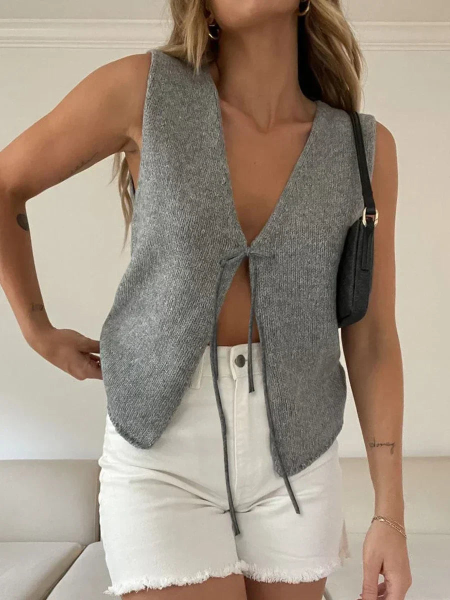Women's Tie Front Knit Vest Sleeveless Crochet V Neck Y2K Crop Top - Seldom Seen Styles
