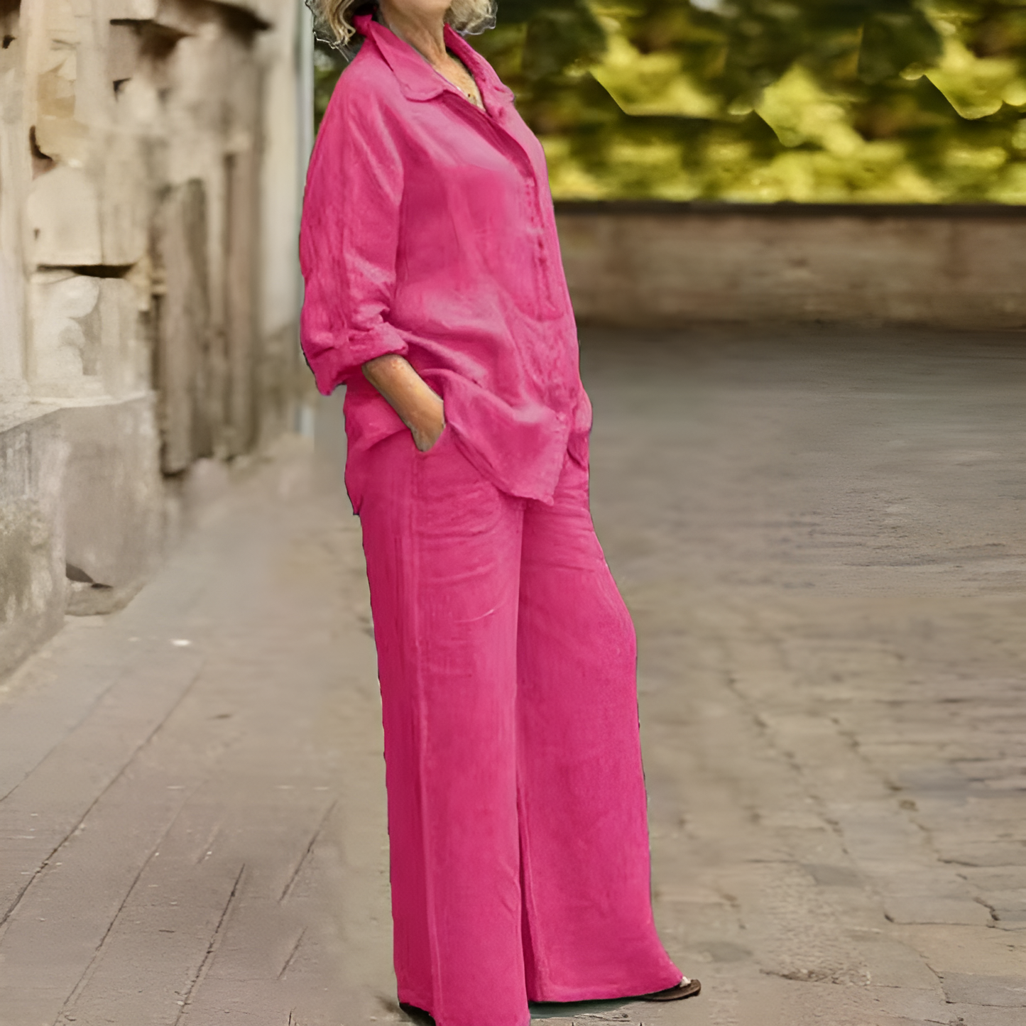 Womens Cotton Linen 2 Piece Outfits Long Sleeve Button Down Top Loose Elastic Waist Wide Leg Long Pants with 2 Pockets - Seldom Seen Styles