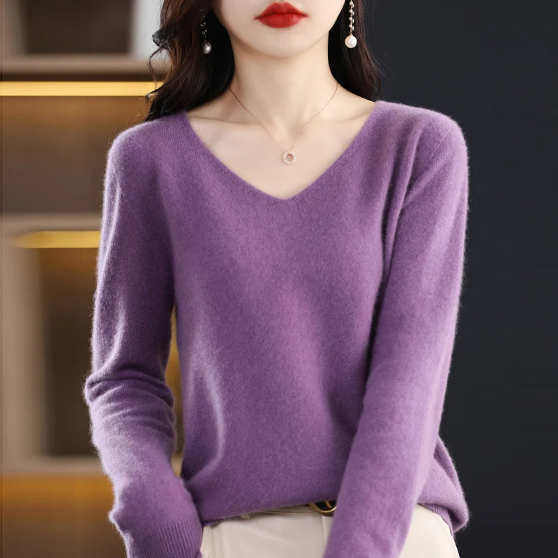 Merino Wool Women's Autumn And Winter Solid Color V-Neck Long-Sleeved Loose Knitted Sweater