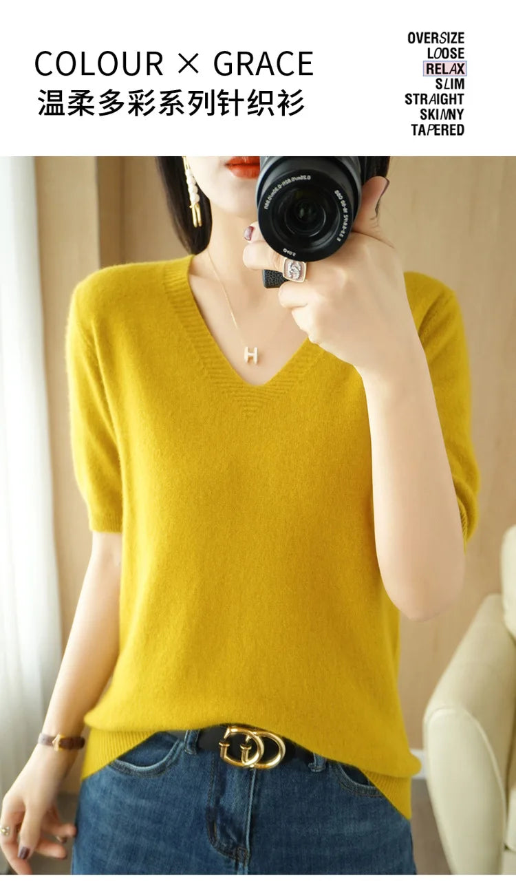 Spring/Summer 2022 Ladies Sweater Pullover Solid Color V-neck Half-sleeved Knitted Cashmere Sweater Thin Casual Top