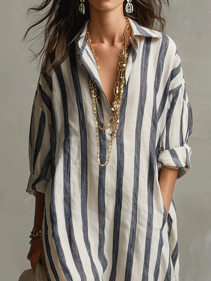 Amaris Loose Linen Cotton Striped Maxi Dress - Casual 3/4 Sleeve Shirt Dress