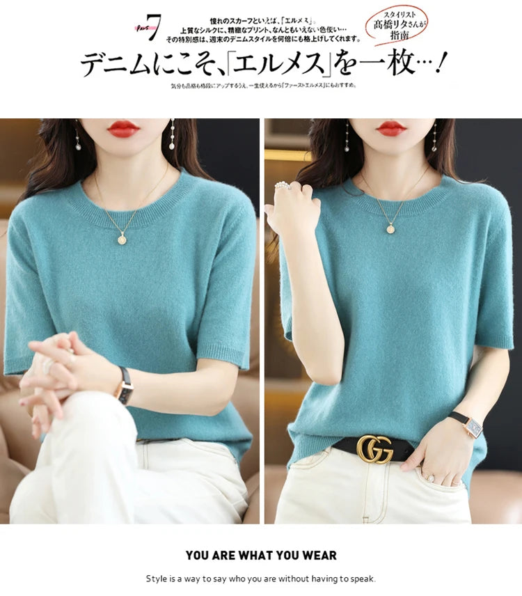 Spring and Summer New Short-sleeved Women O-neck Slim Wool Cotton Blend Pullover Vest T-shirt Knitted Base Sweater